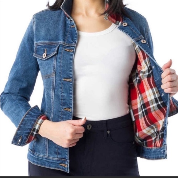 Parasuco Jackets & Blazers - SzM Parasuco Red plaid flannel lined med wash denim Moto jacket EUC vintage insp